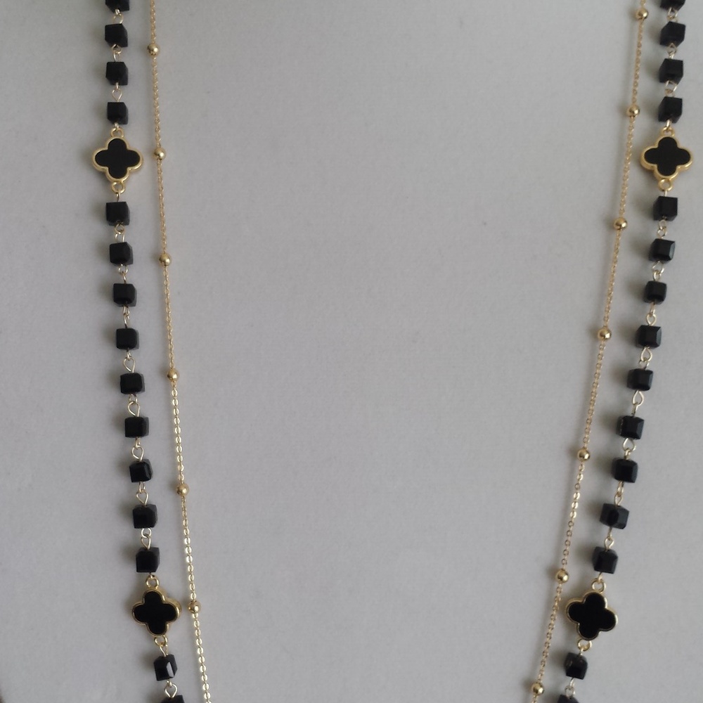 Women Gold necklace,double chain,black clover